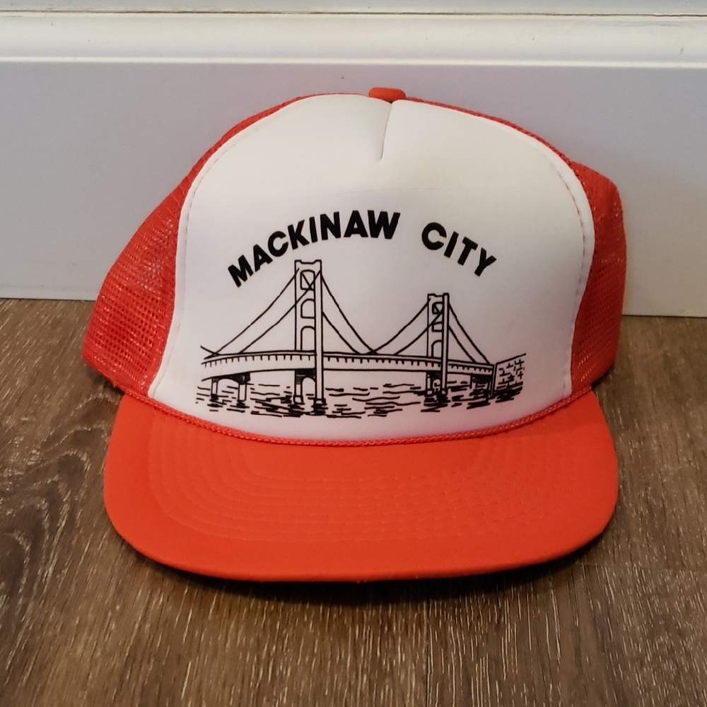 Vintage Mackinaw City Adult Men's Mesh Snapback Trucker Hat Cap, Red and White